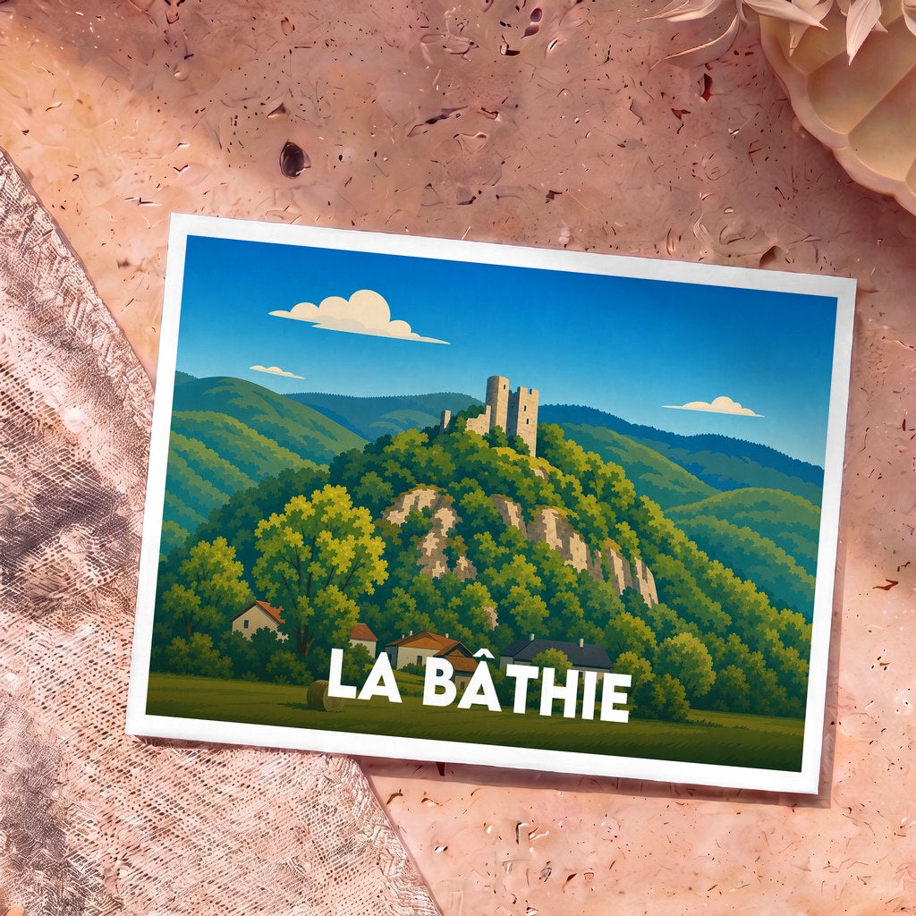 Carte postale souvenir de la ville de La Bâthie arborant une illustration stylisée de son château médiéval niché dans un paysage verdoyant.