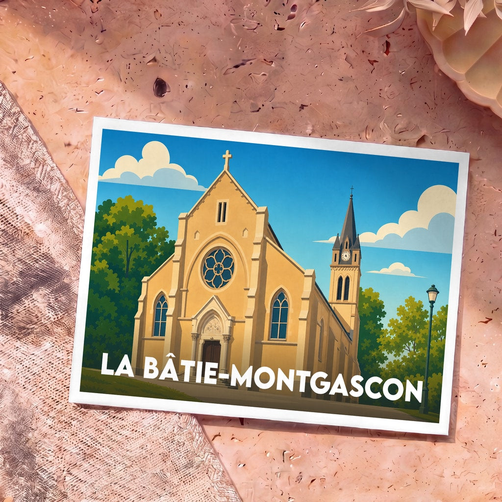 Carte postale souvenir de la ville de La Bâtie-Montgascon illustrant son église avec un style graphique épuré.