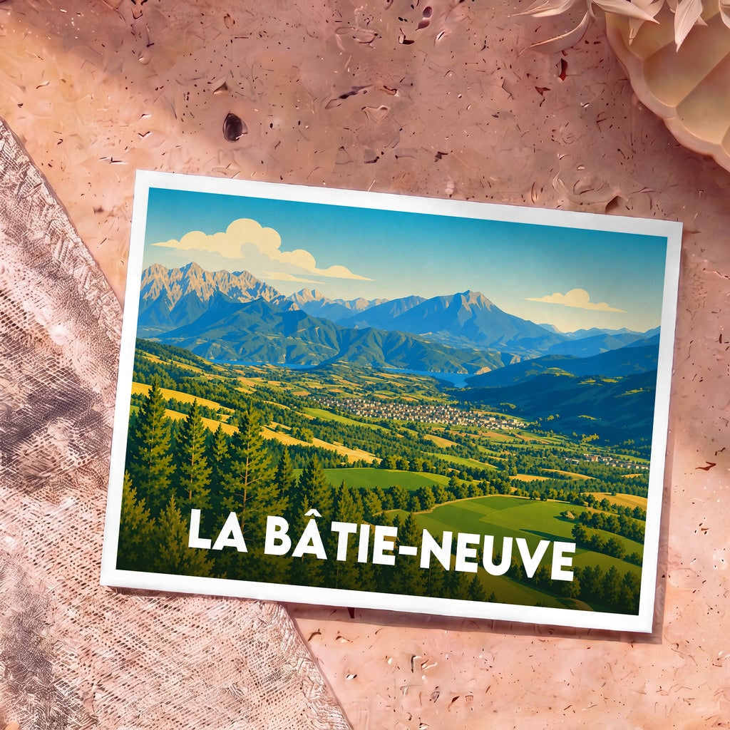 Carte postale souvenir de la ville de La Bâtie-Neuve illustrant un paysage de montagnes et de vallées verdoyantes dans un style rétro.