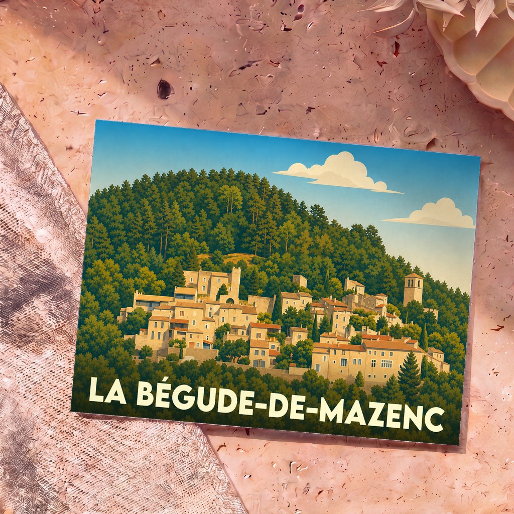 Carte postale souvenir de la ville de La Bégude-de-Mazenc avec une illustration stylisée d'un village perché.