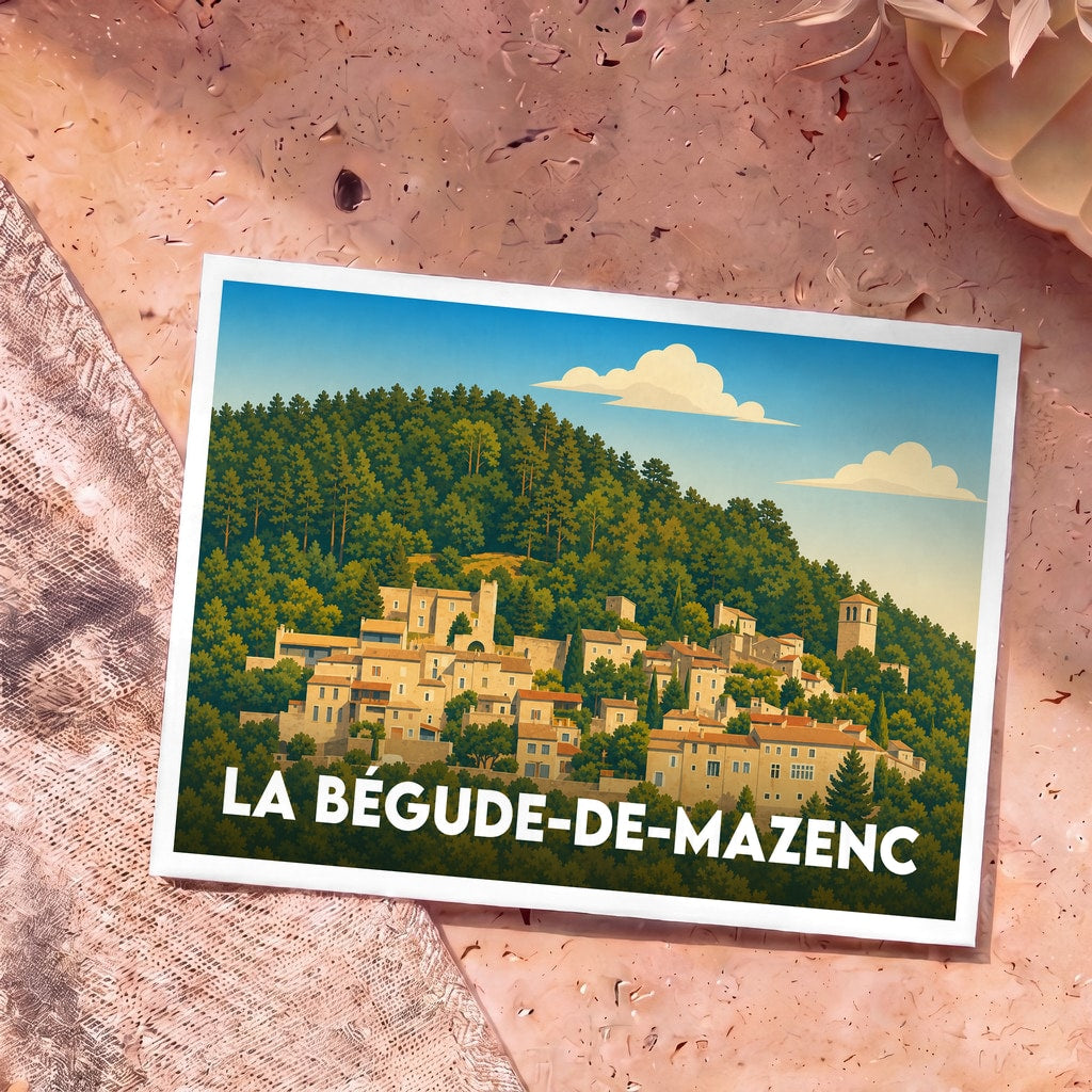 Carte postale souvenir de la ville de La Bégude-de-Mazenc avec une illustration stylisée d'un village perché.
