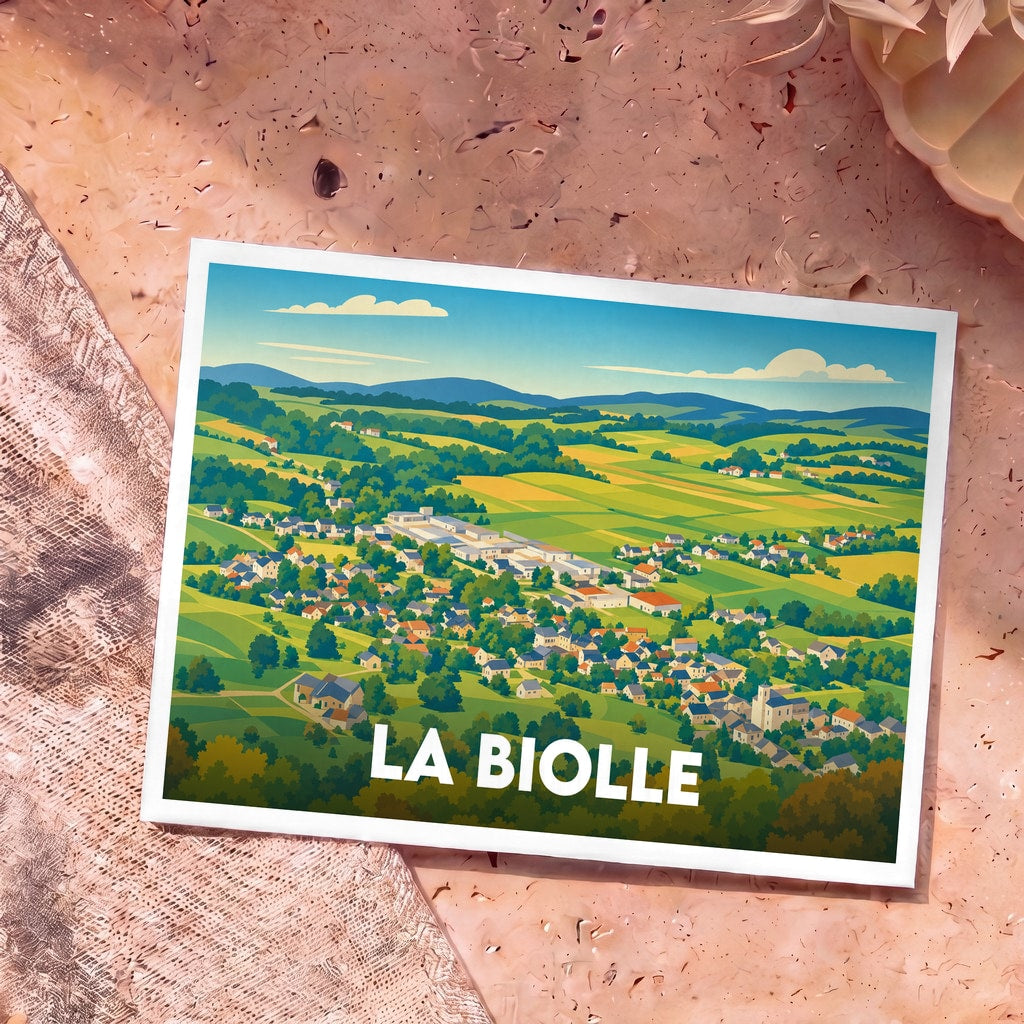 Carte postale souvenir de la ville de La Biolle avec une illustration stylisée de son paysage vallonné.
