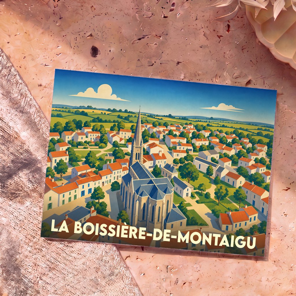 Carte postale souvenir de la ville de La Boissière-de-Montaigu avec une illustration stylisée vue du ciel.
