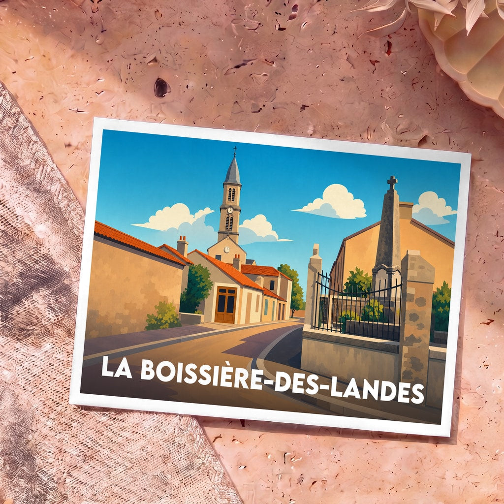 Carte postale souvenir de la ville de La Boissière-des-Landes avec une illustration stylisée de son église et de ses rues.
