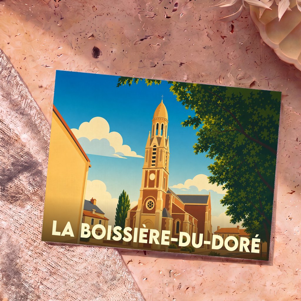 Carte postale souvenir de la ville de La Boissière-du-Doré avec une illustration stylisée de son église.