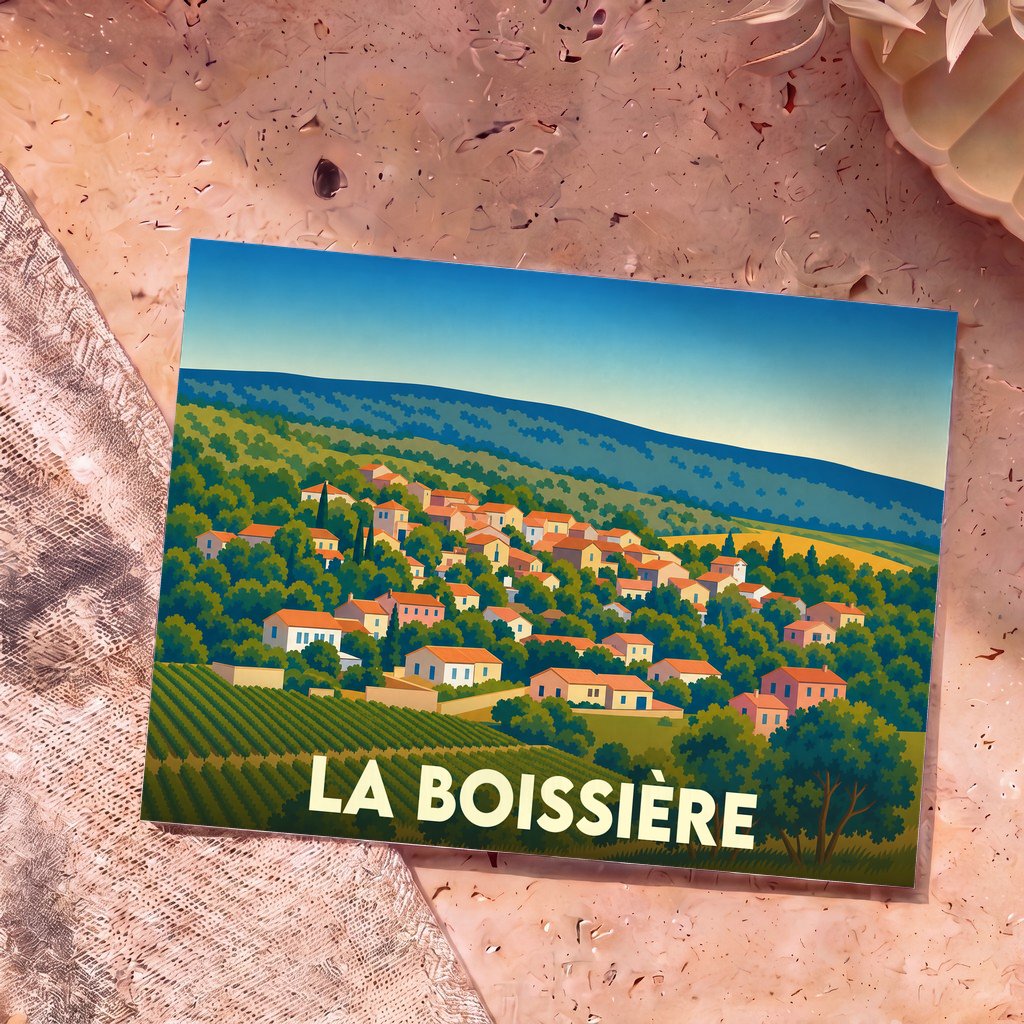 Carte postale souvenir de la ville de La Boissière avec une illustration stylisée de son paysage vallonné.