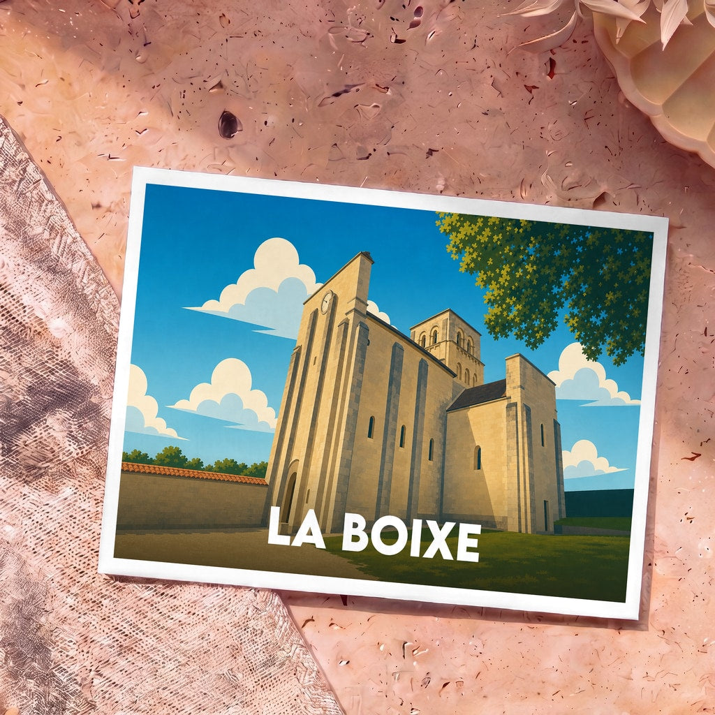Carte postale souvenir de La Boixe représentant une illustration stylisée de son église romane sous un ciel bleu.
