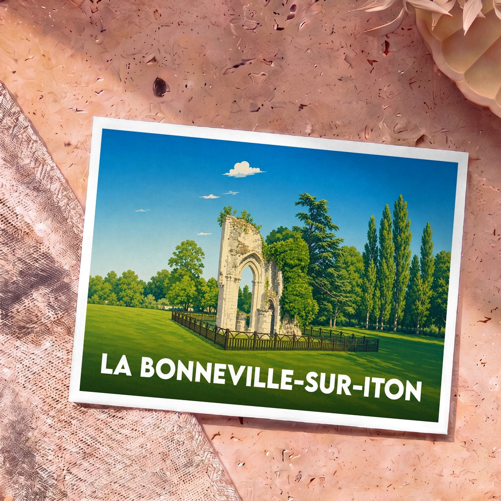 Carte postale souvenir de la ville de La Bonneville-sur-Iton illustrant les ruines de son abbaye dans un style graphique épuré.