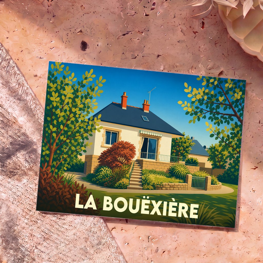 Carte postale souvenir de la ville de La Bouëxière avec une illustration stylisée d'une maison fleurie.