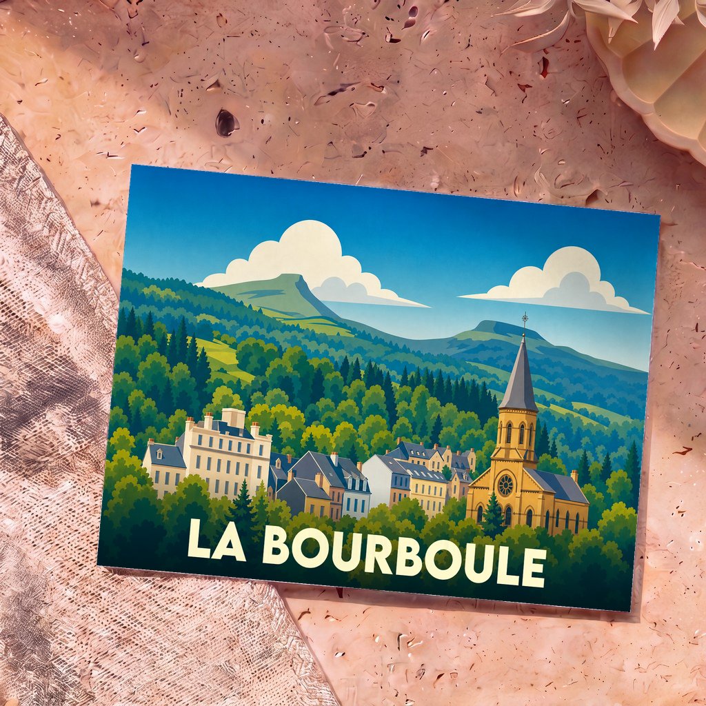 Carte postale souvenir de la ville de La Bourboule avec une illustration stylisée de ses bâtiments et montagnes.