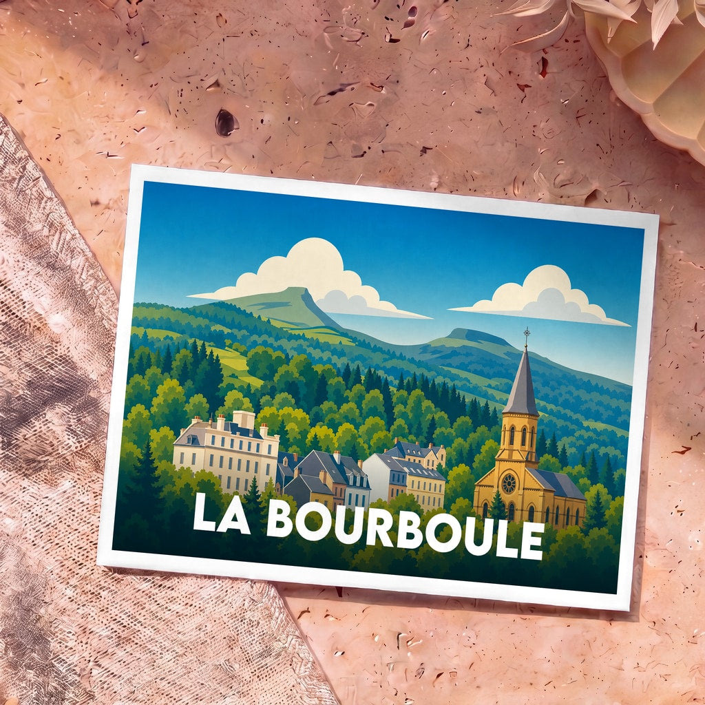 Carte postale souvenir de la ville de La Bourboule avec une illustration stylisée de ses bâtiments et montagnes.