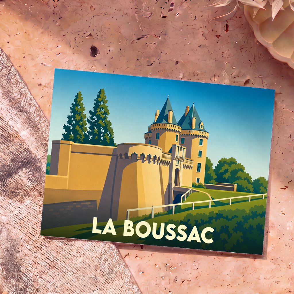 Carte postale souvenir de la ville de La Boussac illustrant un château de style médiéval.