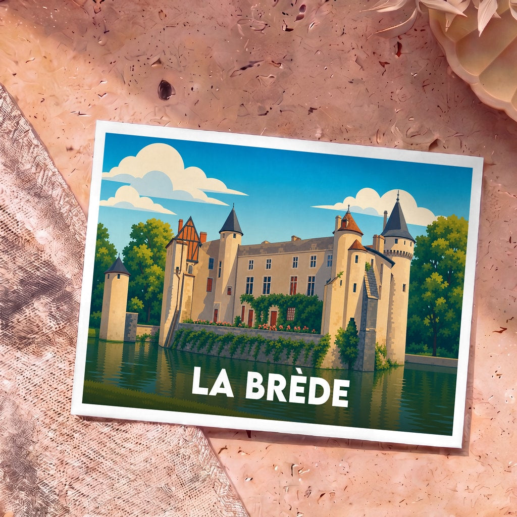 Carte postale souvenir de la ville de La Brède avec une illustration stylisée de son château.