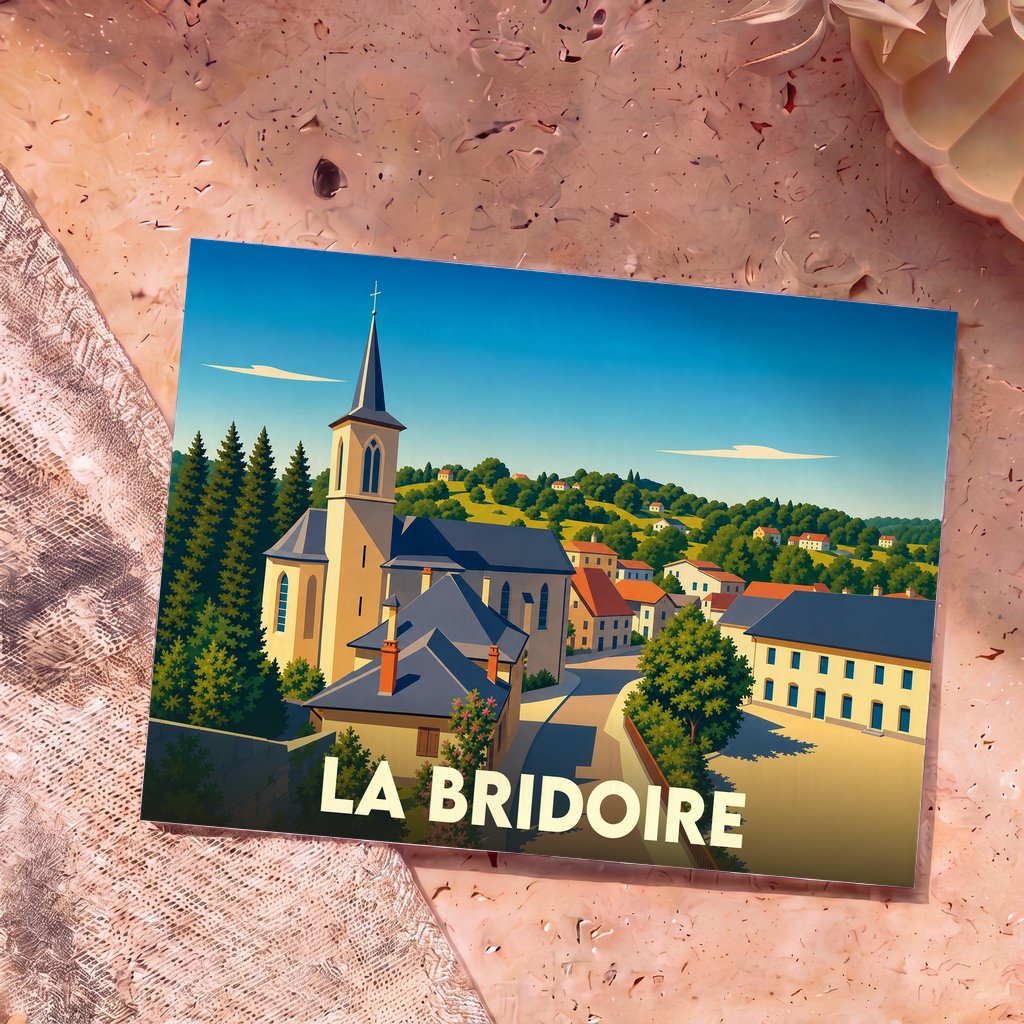 Carte postale souvenir de la ville de La Bridoire avec une illustration stylisée de son église et de ses collines.
