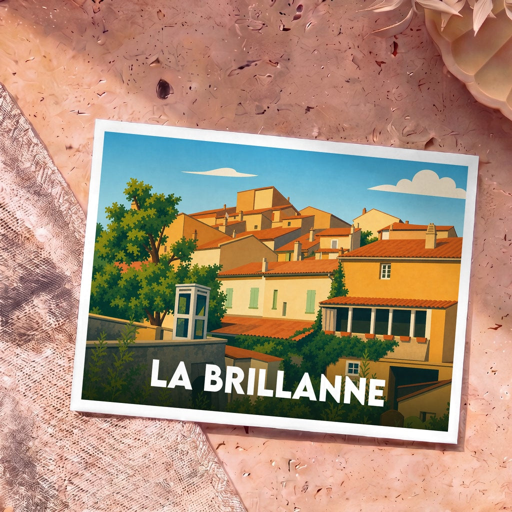 Carte postale souvenir de la ville de La Brillanne avec une illustration stylisée de ses maisons provençales.
