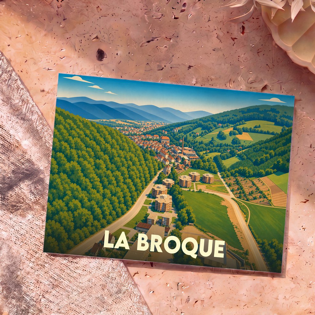 Carte postale souvenir de la ville de La Broque avec une illustration stylisée de ses paysages vallonnés.