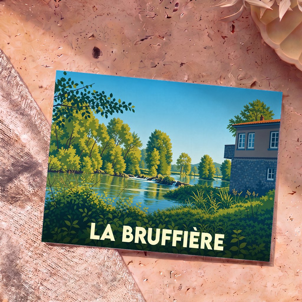 Carte postale souvenir de la ville de La Bruffière avec une illustration stylisée d'un paysage de rivière.