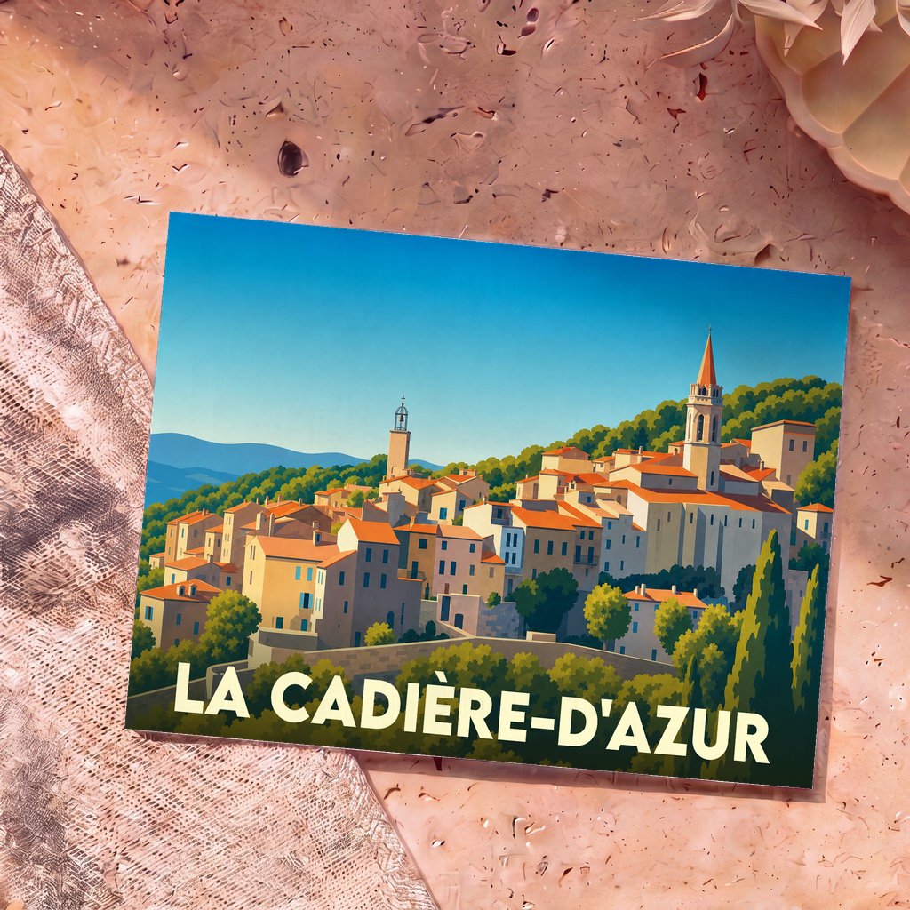 Carte postale souvenir de la ville de La Cadière-d'Azur avec une illustration stylisée.
