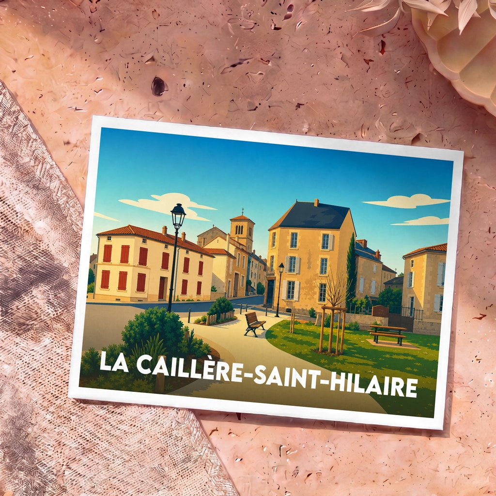 Carte postale souvenir de la ville de La Caillère-Saint-Hilaire avec une illustration stylisée d'une place ensoleillée.