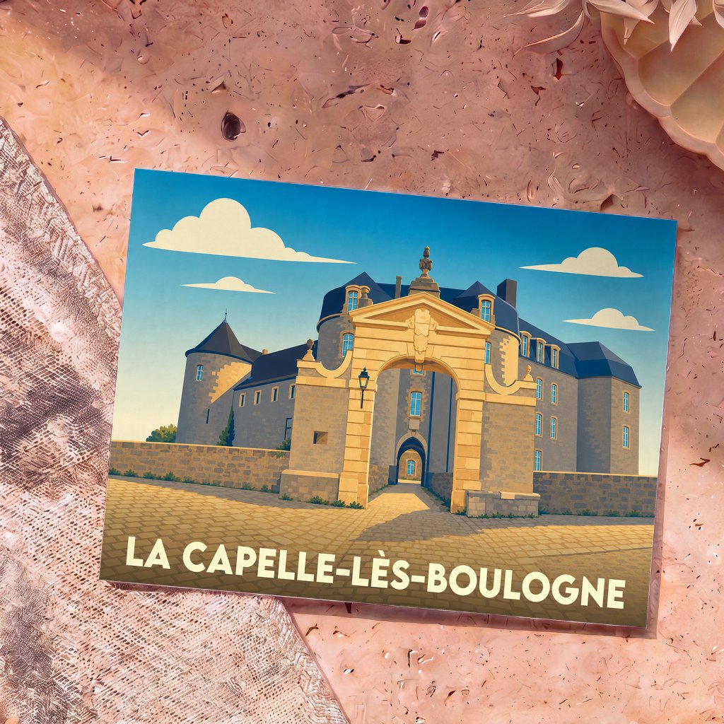 Carte postale souvenir de la ville de La Capelle-lès-Boulogne avec une illustration stylisée de son château.