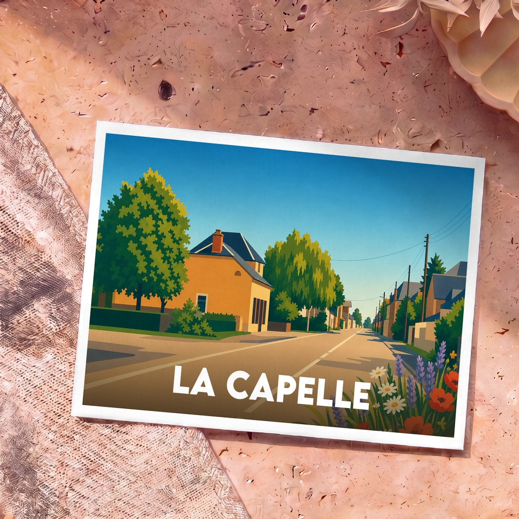 Carte postale souvenir de la ville de La Capelle avec une illustration stylisée d'une rue ensoleillée.