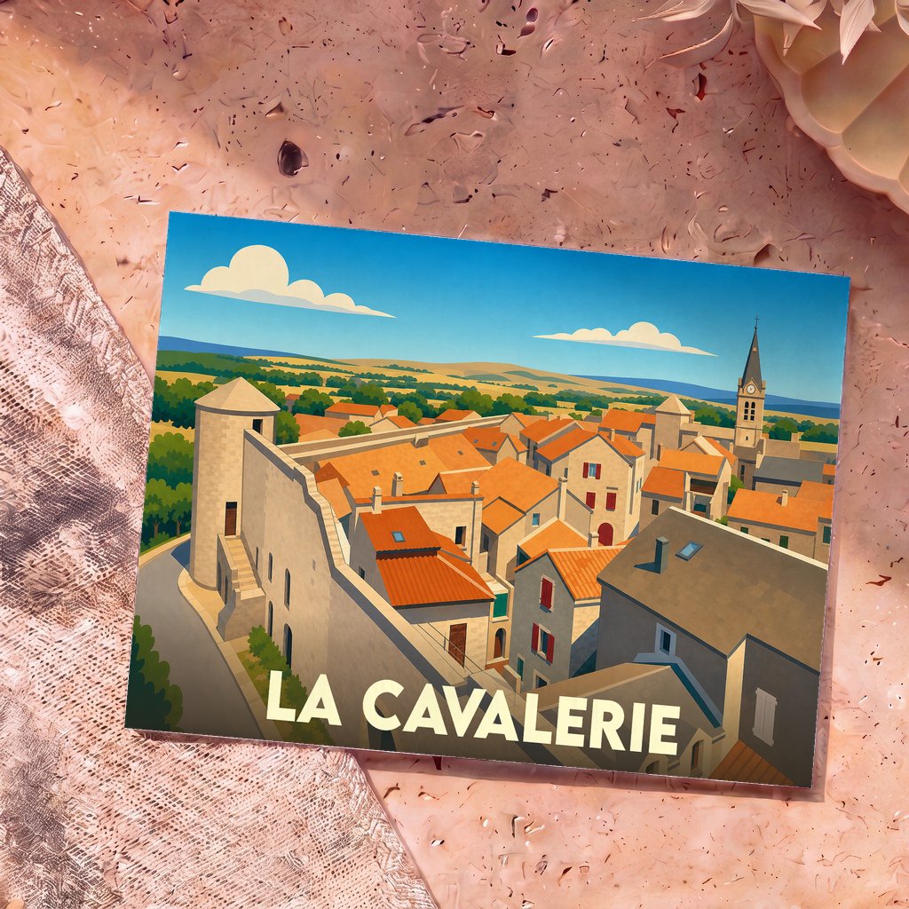 Carte postale souvenir de la ville de La Cavalerie illustrant ses remparts et ses toits typiques dans un style graphique épuré.