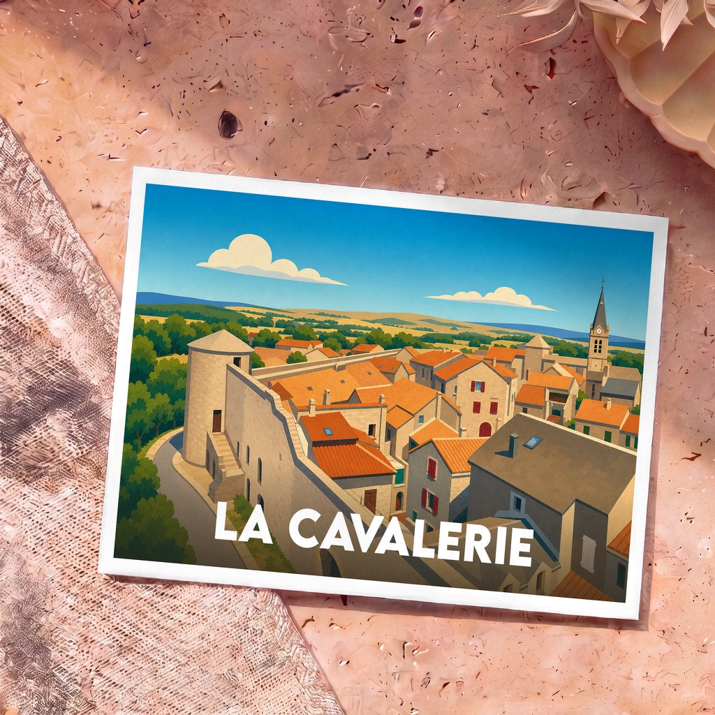 Carte postale souvenir de la ville de La Cavalerie illustrant ses remparts et ses toits typiques dans un style graphique épuré.