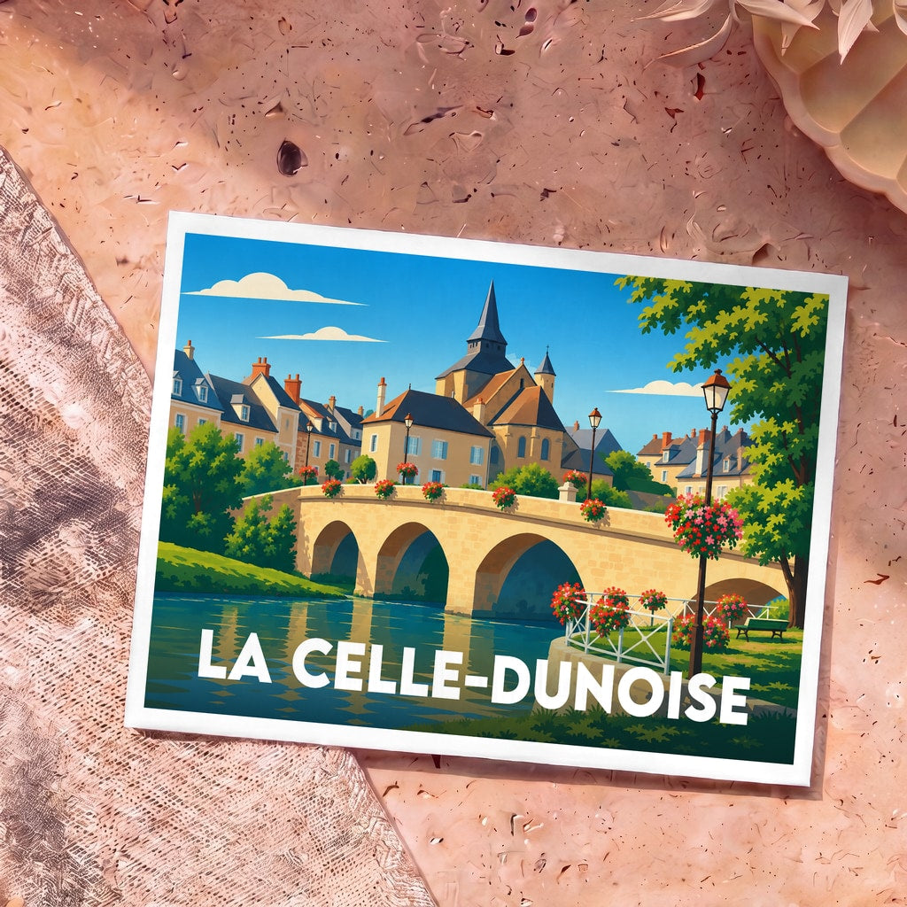 Carte postale souvenir de la ville de La Celle-Dunoise avec une illustration stylisée d'un pont et de son église.