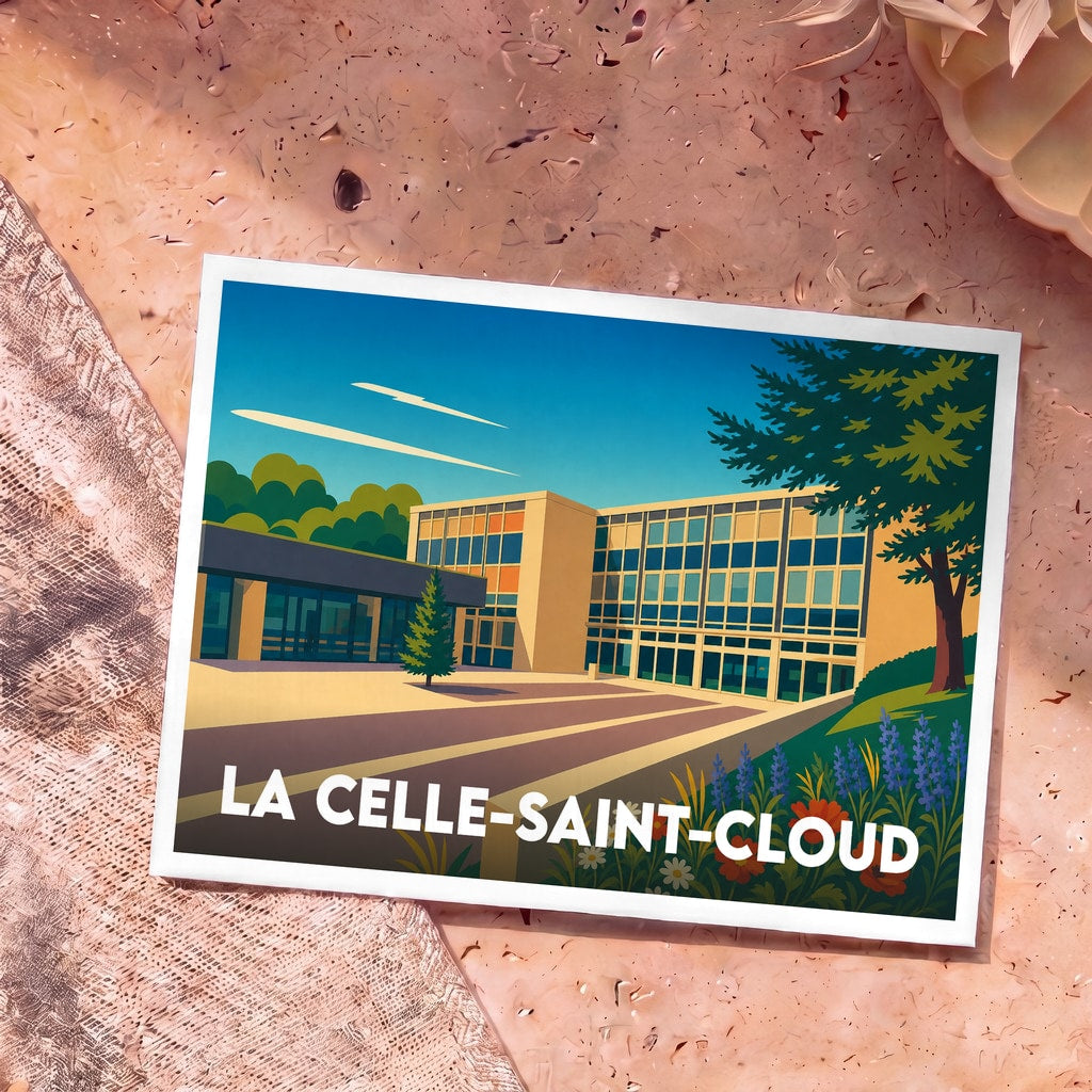 Carte postale souvenir de la ville de La Celle-Saint-Cloud avec une illustration stylisée de son architecture moderne.
