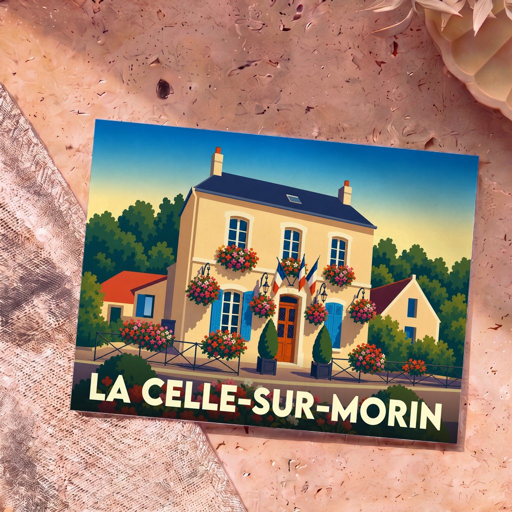 Carte postale souvenir de la ville de La Celle-sur-Morin avec une illustration stylisée d'une mairie fleurie.