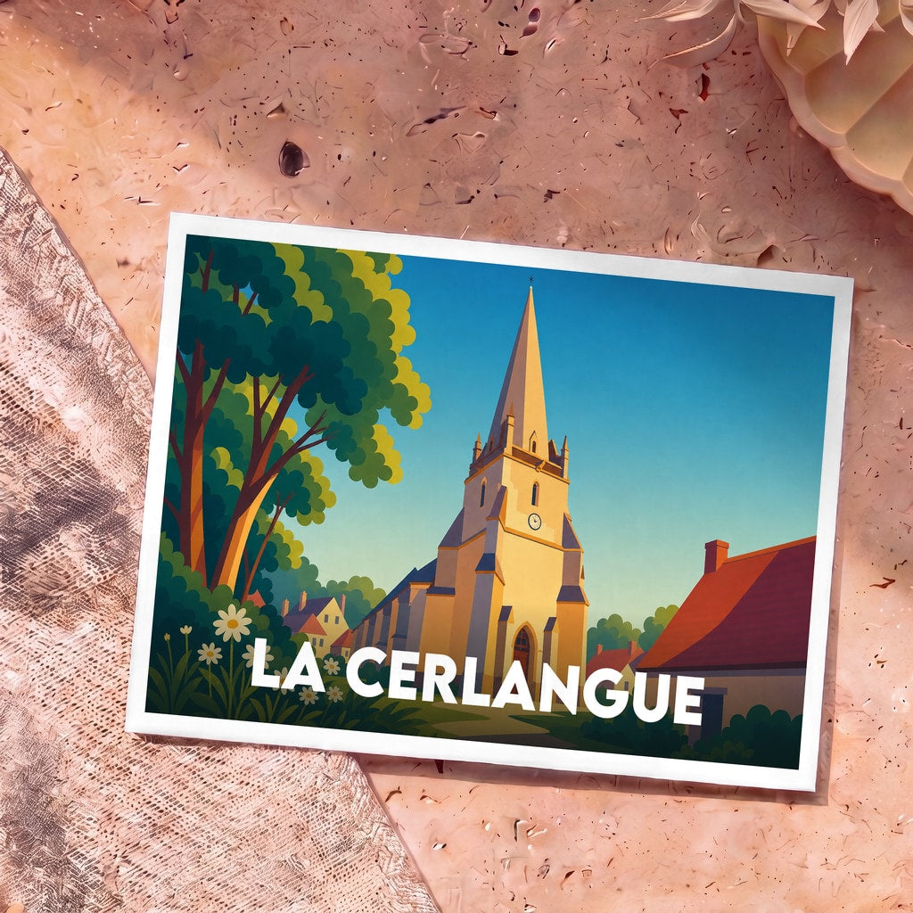 Carte postale souvenir de la ville de La Cerlangue avec une illustration stylisée de son église et de sa nature environnante.