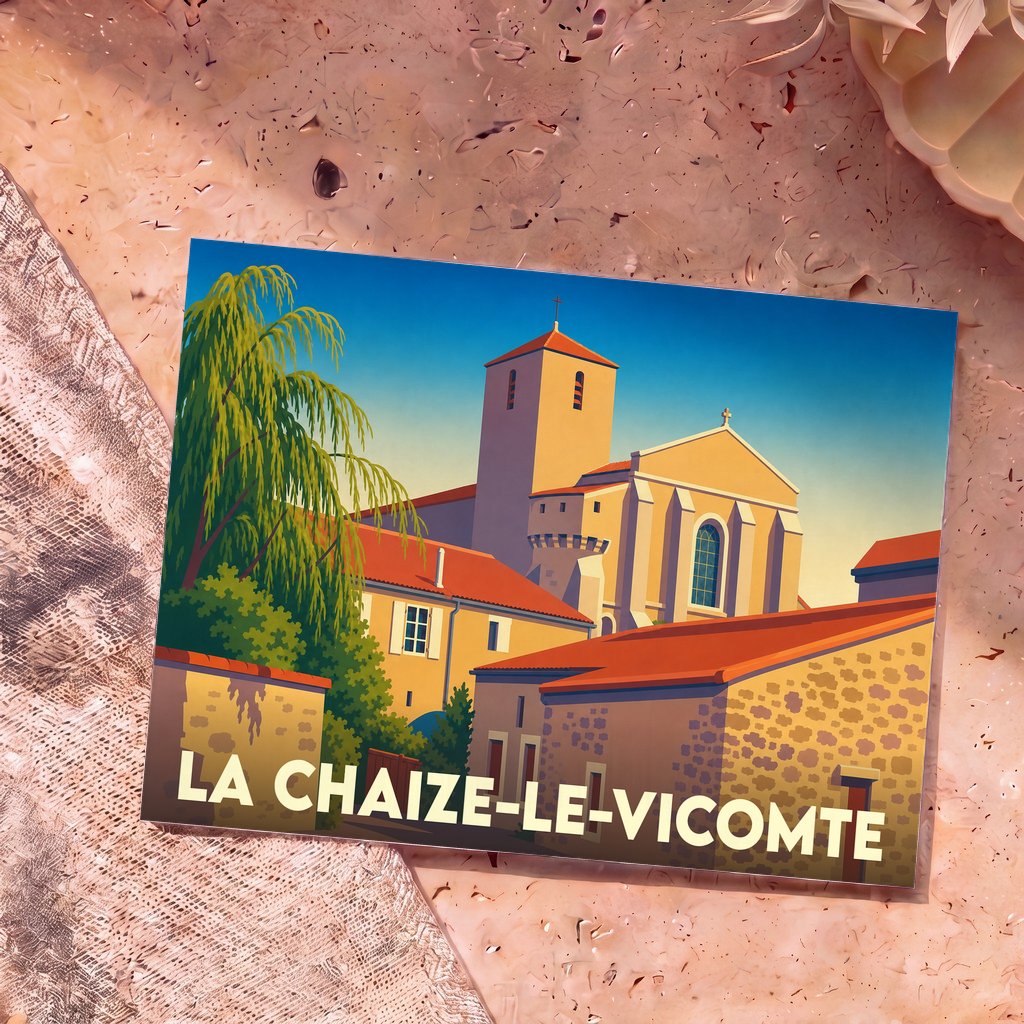 Carte postale souvenir de la ville de La Chaize-le-Vicomte avec une illustration stylisée de son église et de ses maisons anciennes.