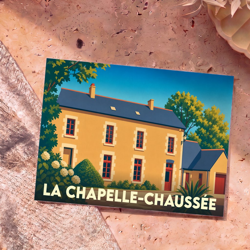 Carte postale souvenir de la ville de La Chapelle-Chaussée avec une illustration stylisée d'une maison traditionnelle bretonne.