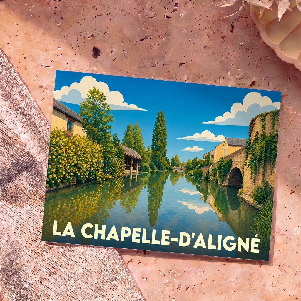 Carte postale souvenir de la ville de La Chapelle-d'Aligné avec une illustration stylisée.