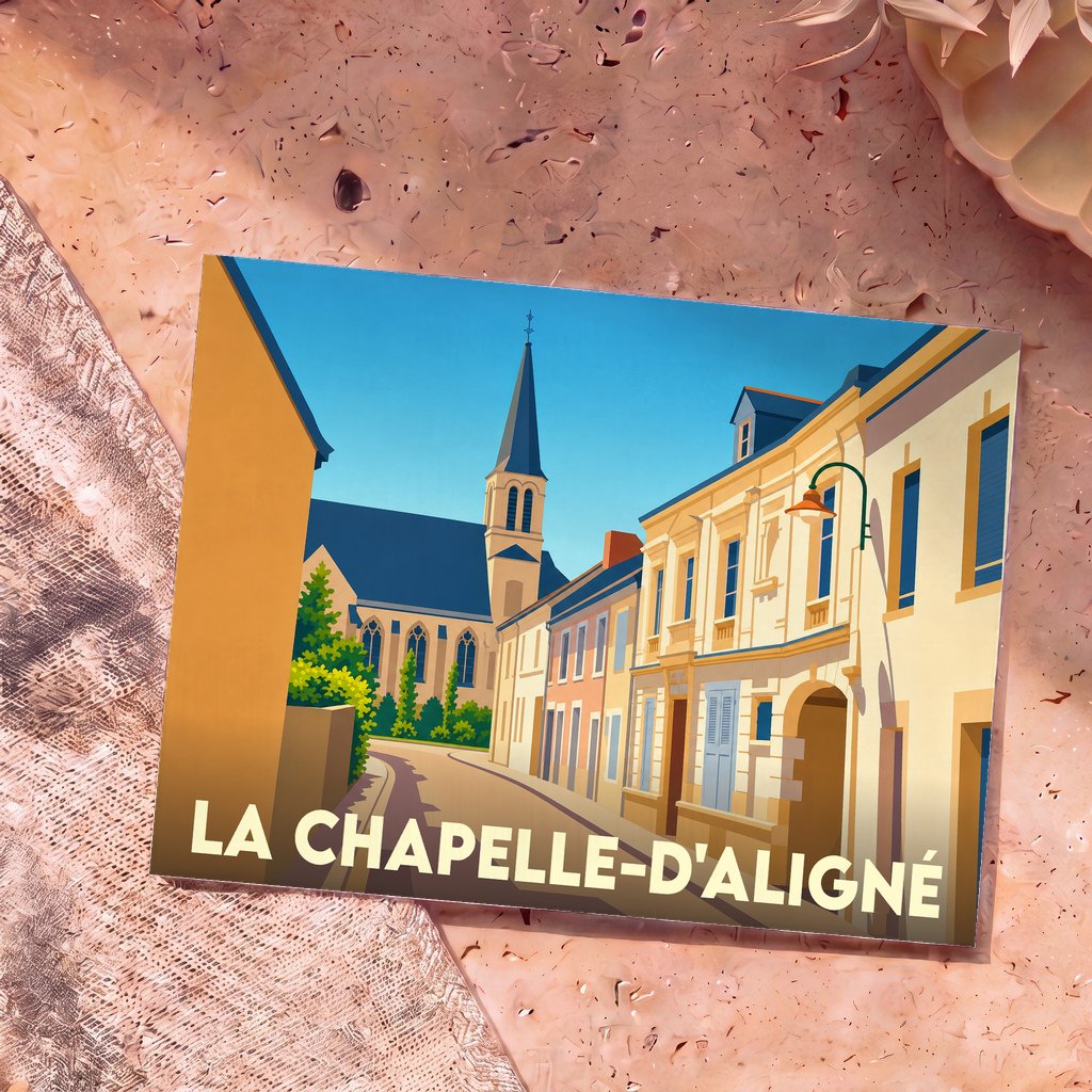 Carte postale souvenir de la ville de La Chapelle-d'Aligné avec une illustration stylisée.