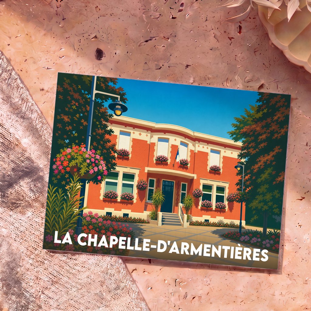 Carte postale souvenir de la ville de La Chapelle-d'Armentières avec une illustration stylisée de son hôtel de ville.