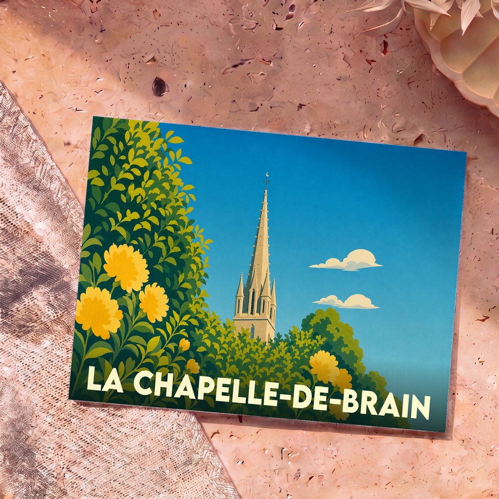 Carte postale souvenir de la ville de La Chapelle-de-Brain avec une illustration stylisée d'un clocher d'église entouré de fleurs jaunes.