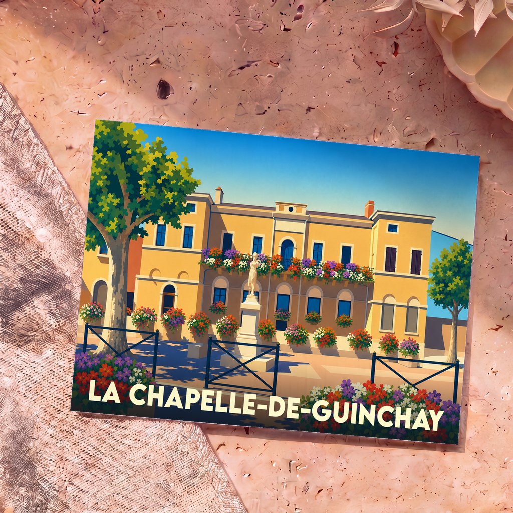 Carte postale souvenir de la ville de La Chapelle-de-Guinchay avec une illustration colorée et fleurie de sa mairie.