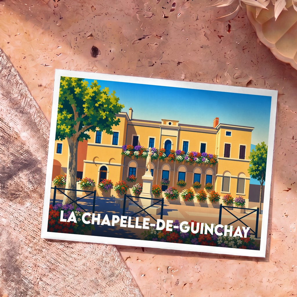 Carte postale souvenir de la ville de La Chapelle-de-Guinchay avec une illustration colorée et fleurie de sa mairie.