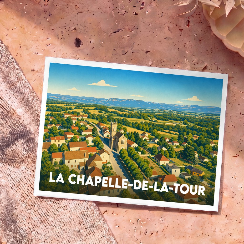 Carte postale souvenir de la ville de La Chapelle-de-la-Tour avec une illustration stylisée d'un village français et son église.