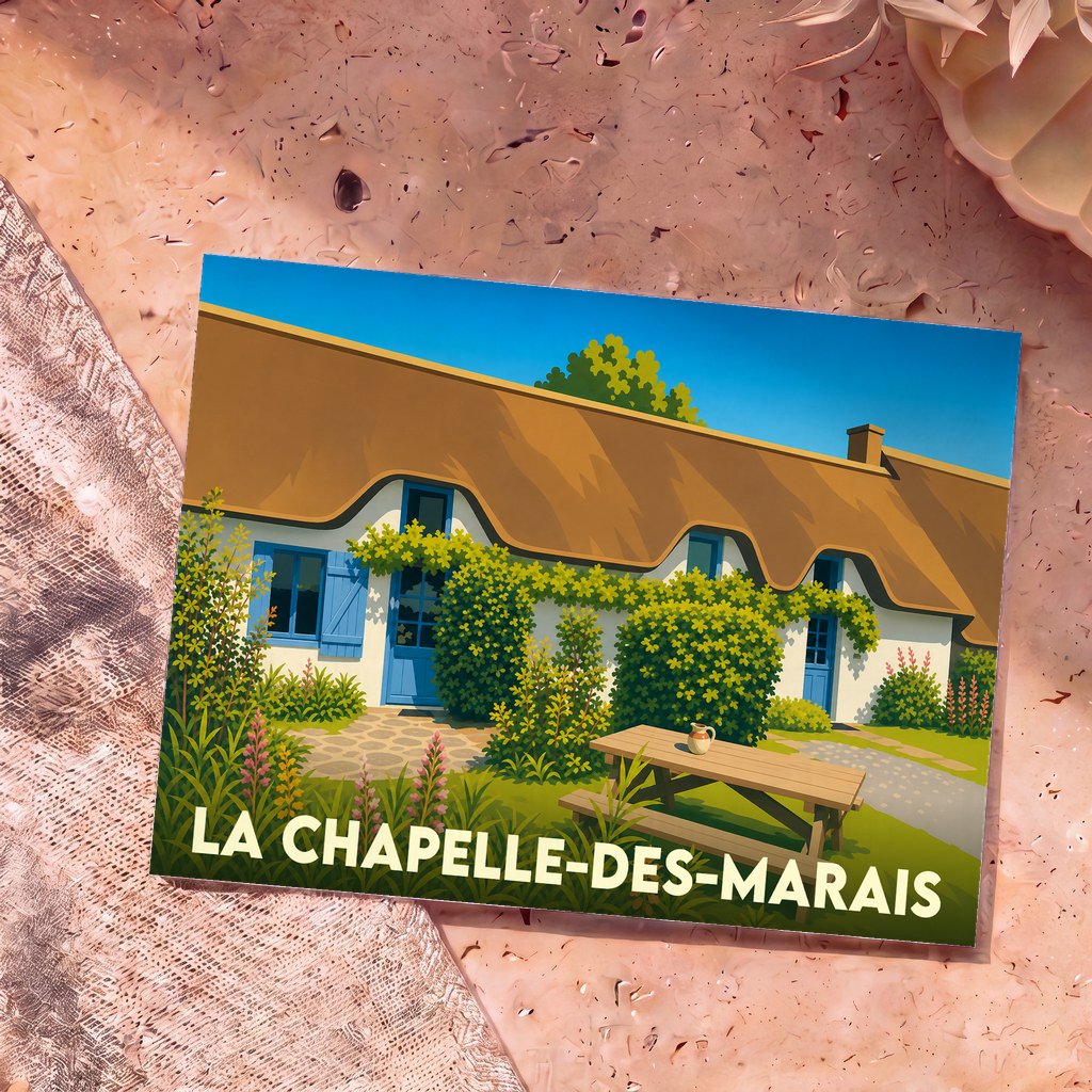 Carte postale souvenir de La Chapelle-des-Marais illustrant une chaumière traditionnelle sous un ciel bleu.