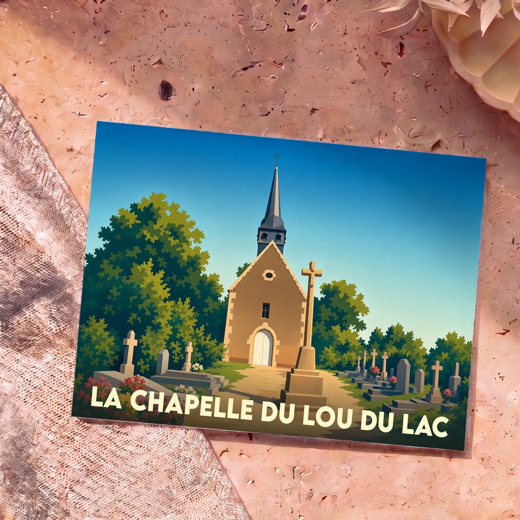 Carte postale souvenir de La Chapelle-du-Lou-du-Lac avec une illustration stylisée de son église et de son cimetière.