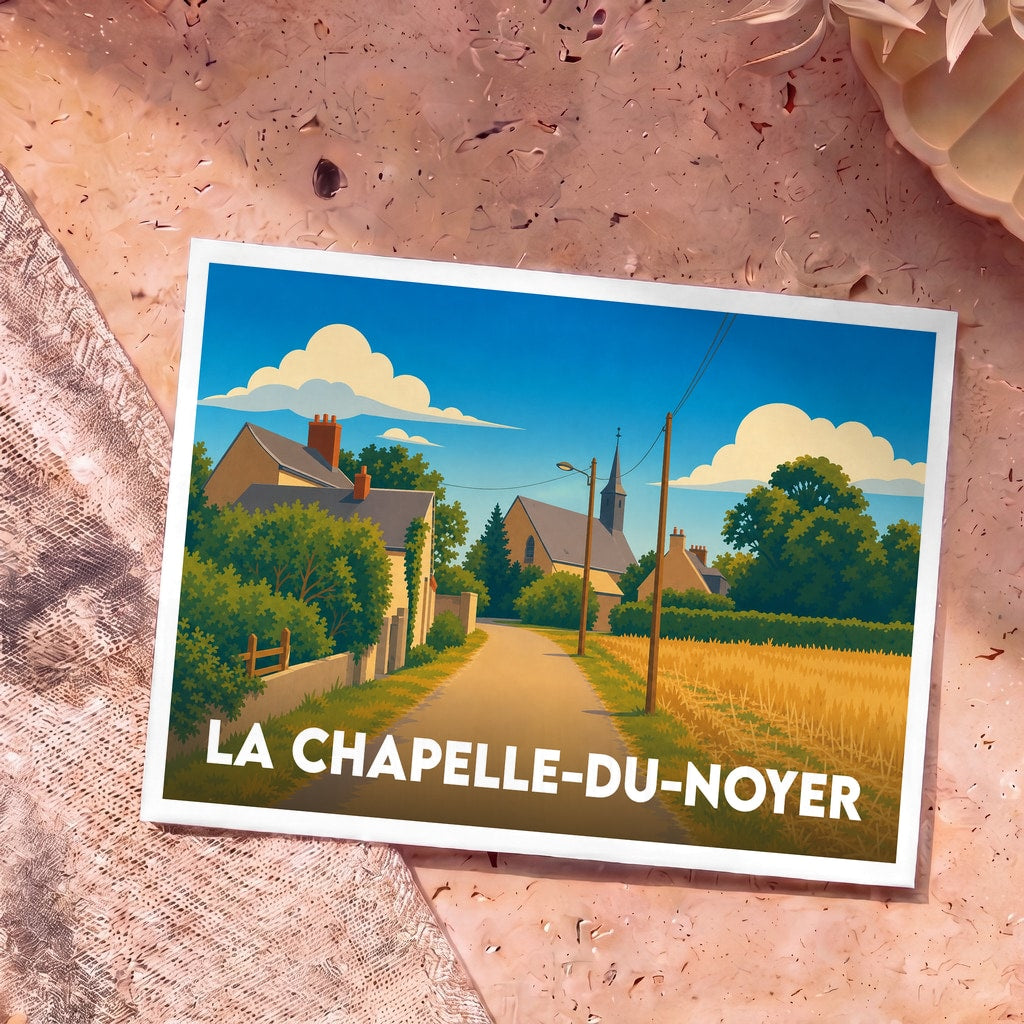Carte postale souvenir de la ville de La Chapelle-du-Noyer avec une illustration stylisée et colorée.