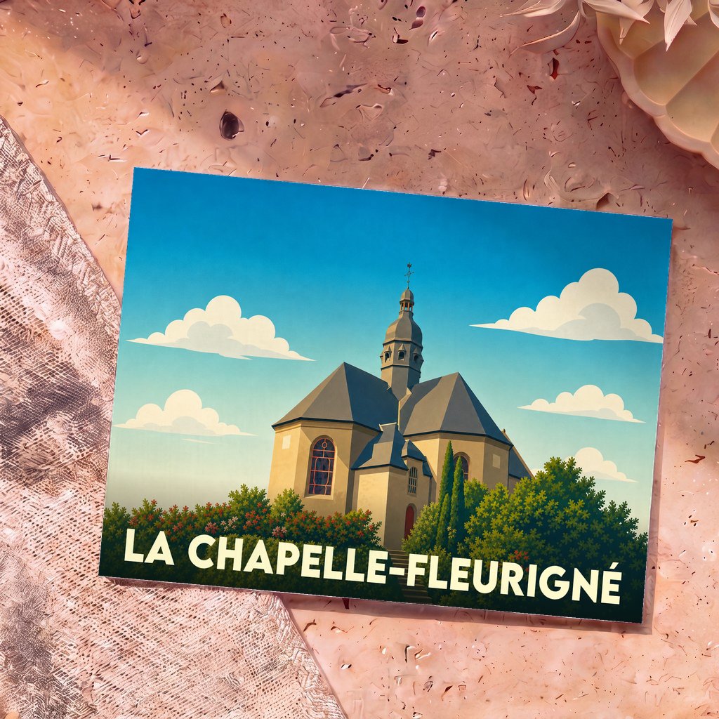 Carte postale souvenir de la ville de La Chapelle-Fleurigné illustrée par une vue stylisée de son église sous un ciel bleu.