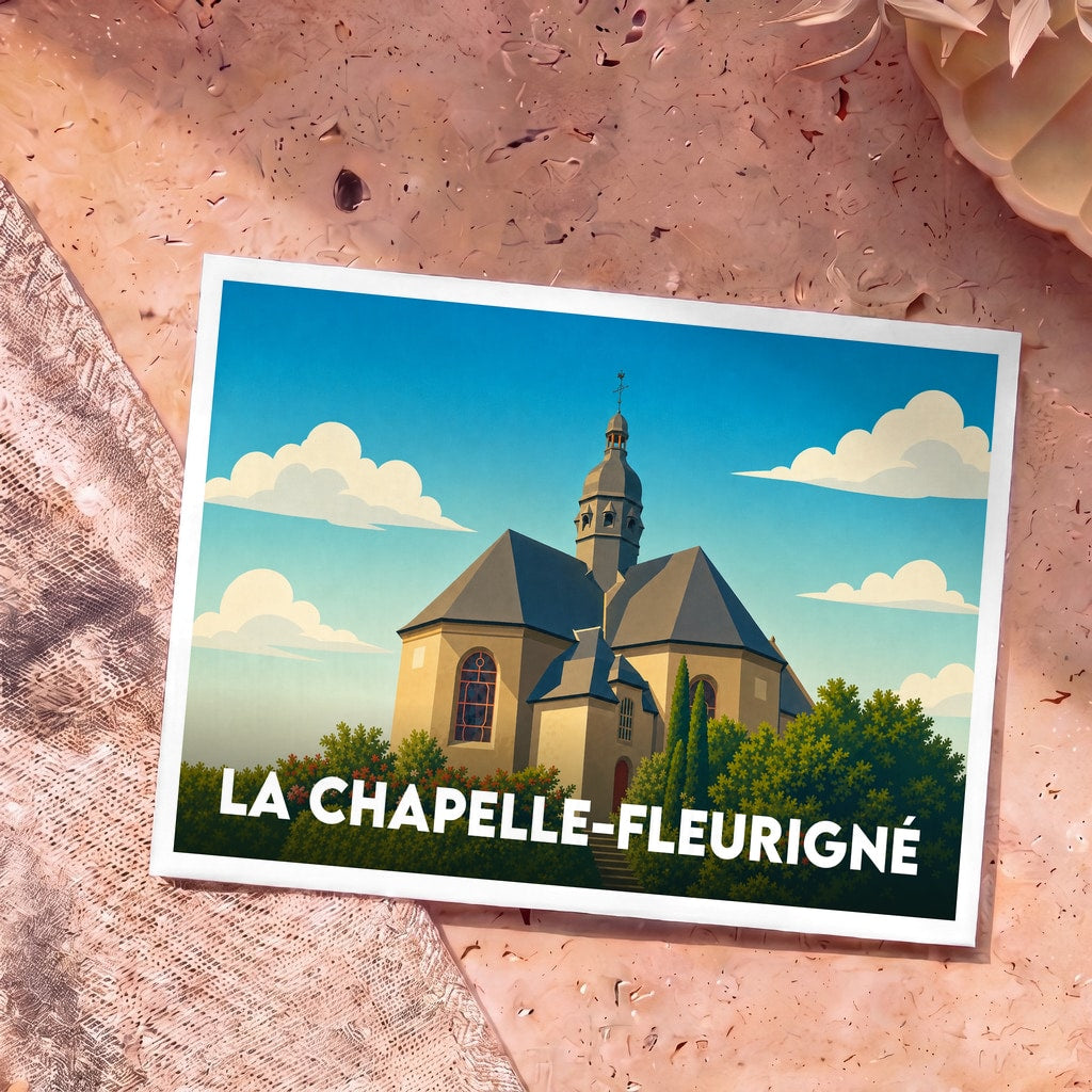 Carte postale souvenir de la ville de La Chapelle-Fleurigné illustrée par une vue stylisée de son église sous un ciel bleu.