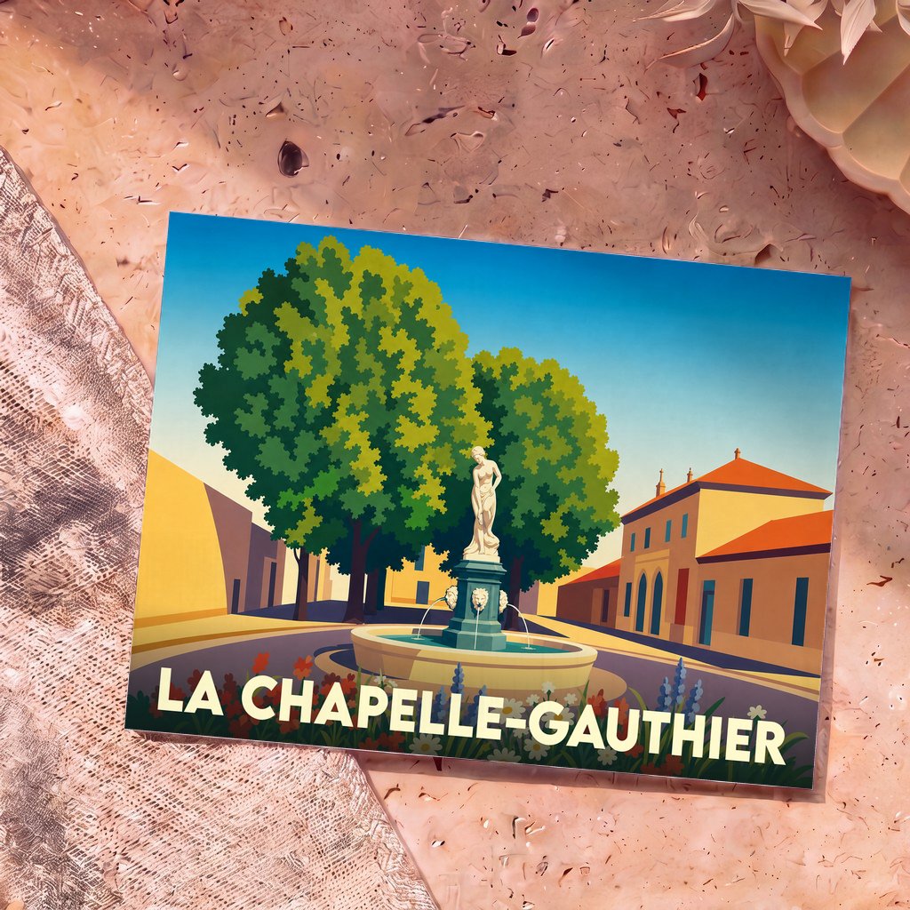Carte postale souvenir de la ville de La Chapelle-Gauthier illustrant une place avec une fontaine et des arbres dans un style vintage.