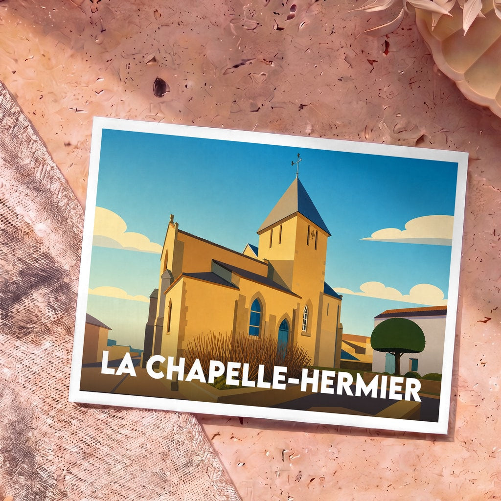 Carte postale souvenir de la ville de La Chapelle-Hermier présentant une illustration stylisée de son église sous un ciel bleu.