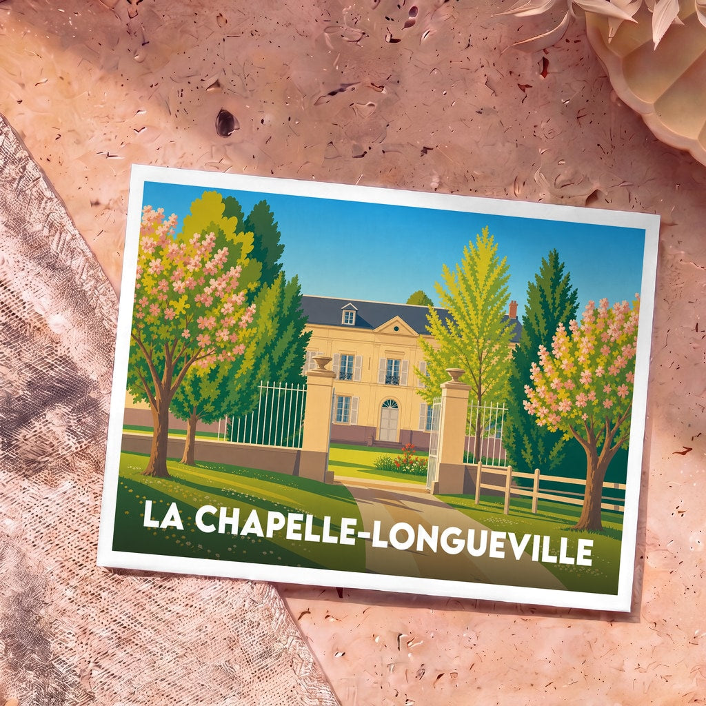 Carte postale souvenir de la ville de La Chapelle-Longueville avec une illustration stylisée d'un manoir et de cerisiers en fleurs.