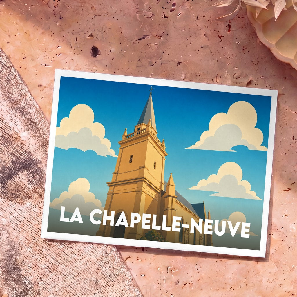 Carte postale souvenir de la ville de La Chapelle-Neuve avec une illustration stylisée de son église sous un ciel nuageux.
