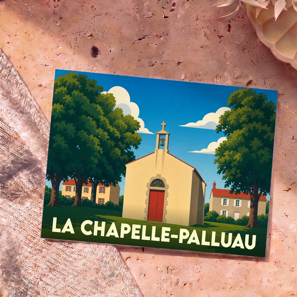 Carte postale souvenir de la ville de La Chapelle-Palluau avec une illustration stylisée de sa chapelle.